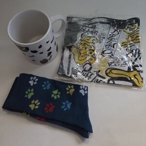 Playful Woof Print Black and White Mug With Doggy Bandana & Socks